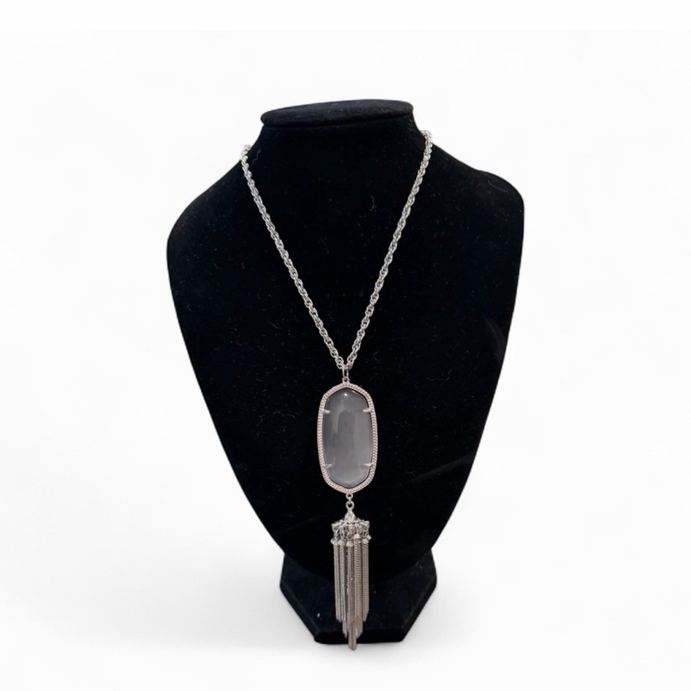 Kendra Scott Rayne Long Silvertone Pendant with Slate Gray Stone EUC